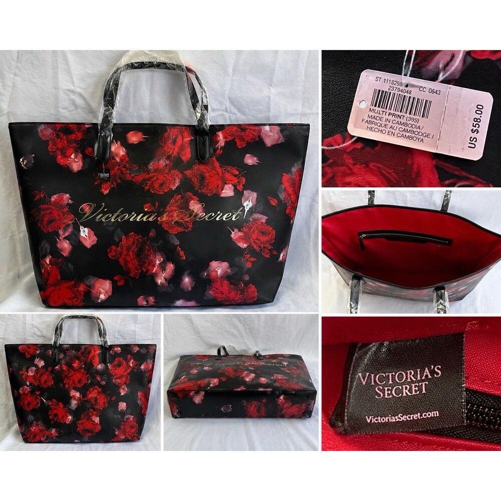 Victoria's Secret Large Weekender Tote Bag Black Red Floral Travel Y2K NWT